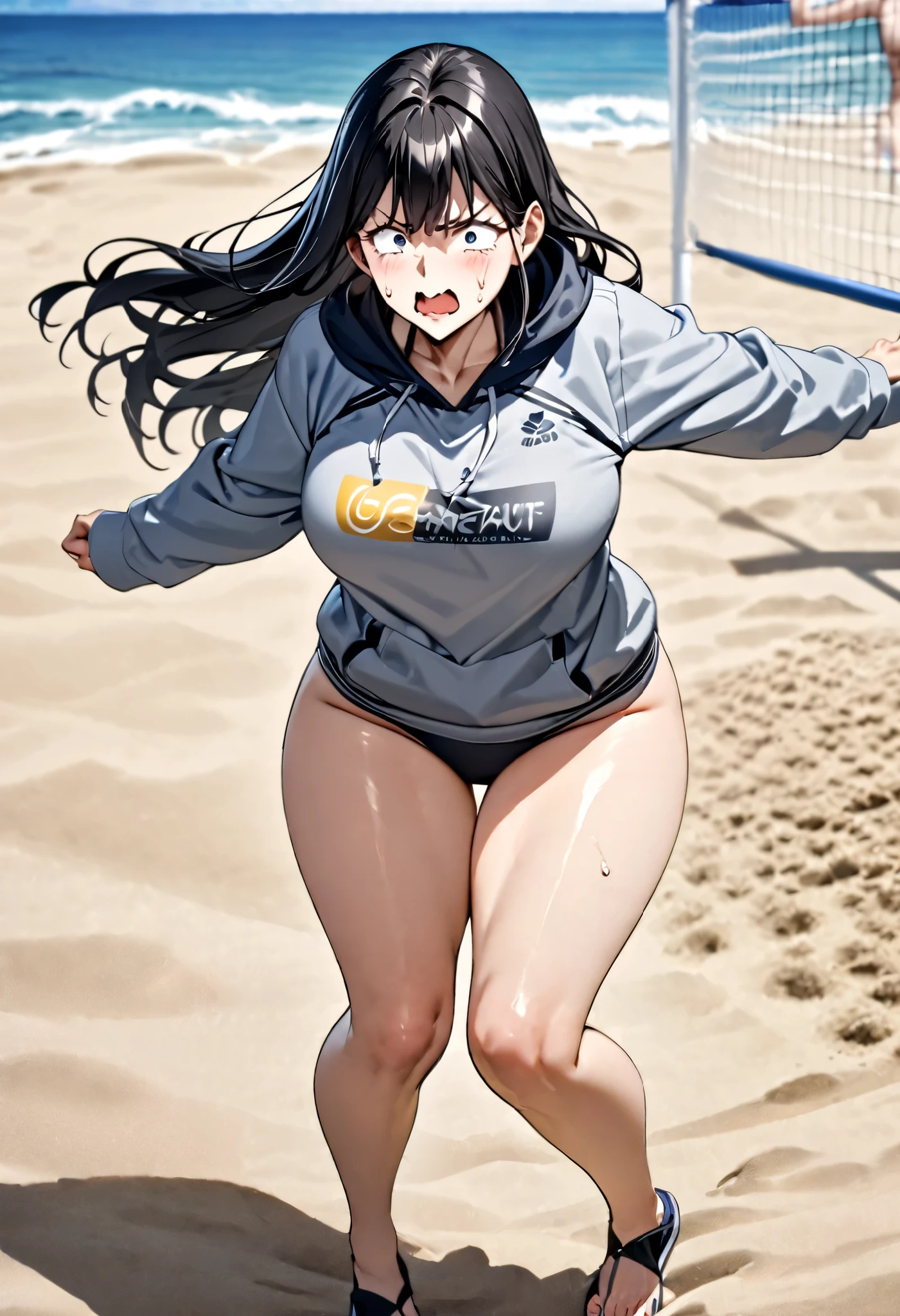 masterpiece, Natural image quality,  ultra high definition ,  Beautiful Woman (25 years old)  ,  tight thighs in a suit, small stature, Detailed facial expression,  detailed expression,  Detailed eyes,  black medium straight hair on a suit(wave) , clothes{( swimsuit, sweatshirt top)} , full body, seashore, Beach volleyball court ,  with a shy expression, Looking up at my body