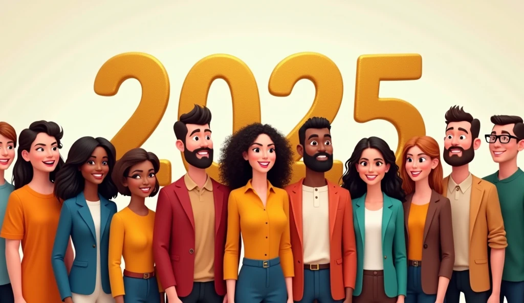 Realistic, work of art, live-action photo 8K quality, theme is "New Year Poster", text gold letters "Happy New Year 2025 Wishing for World Peace", ordinary people looking towards you with smiles, people of different races, religions and professions lined up, with heartfelt wishes.