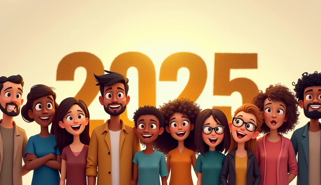 Animation, work of art, 8K quality, theme is "New Year Poster", text golden lettering "Happy New Year 2025 Wishing for World Peace", ordinary people looking towards you with smiles, people of different races, religions and professions lined up, with heartfelt wishes.