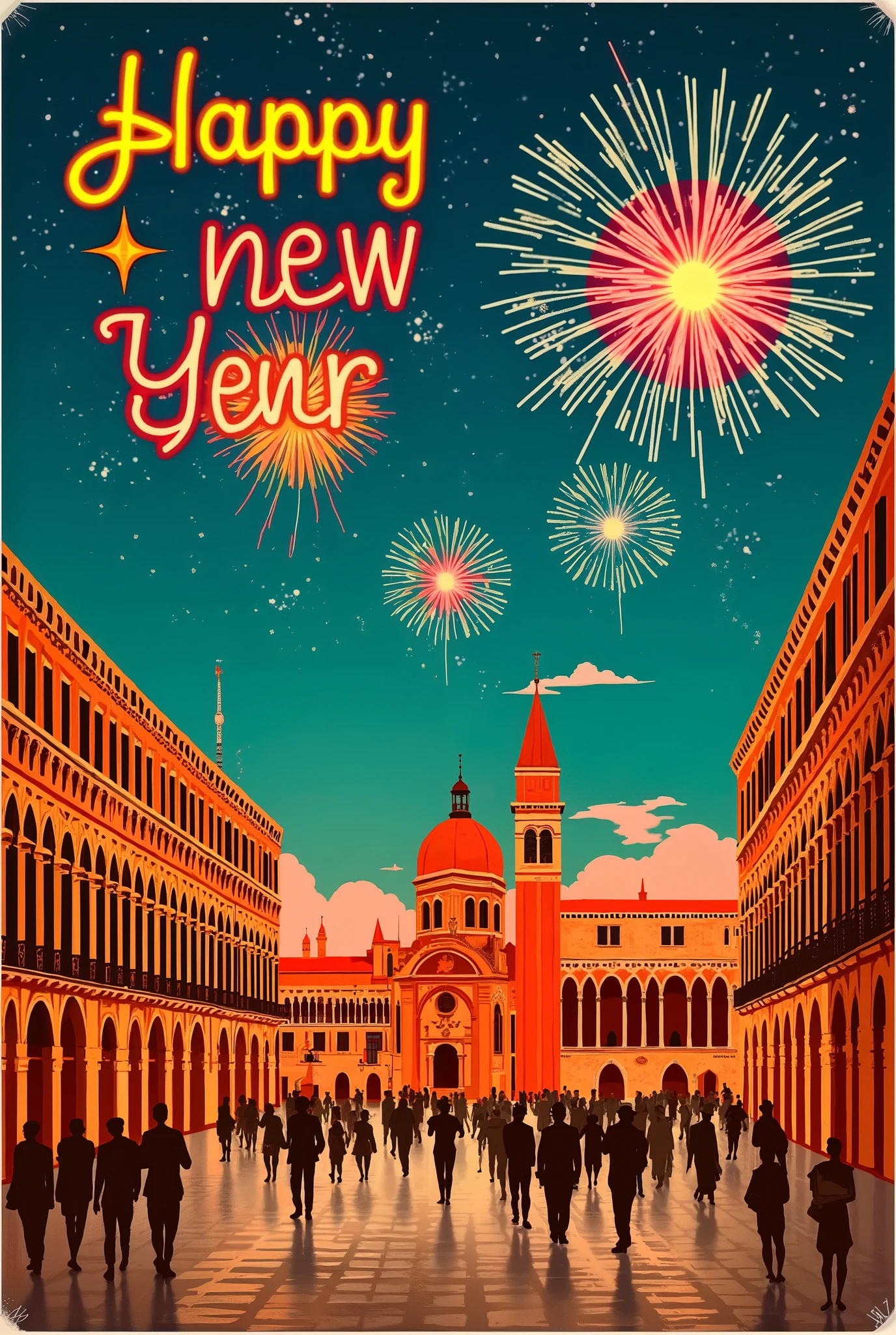 (new year poster:1.3), (vintage style travel poster:1.5), Venice, St. Mark's Square, fireworks in night sky , ("Happy new year" neon sign:1.5), 