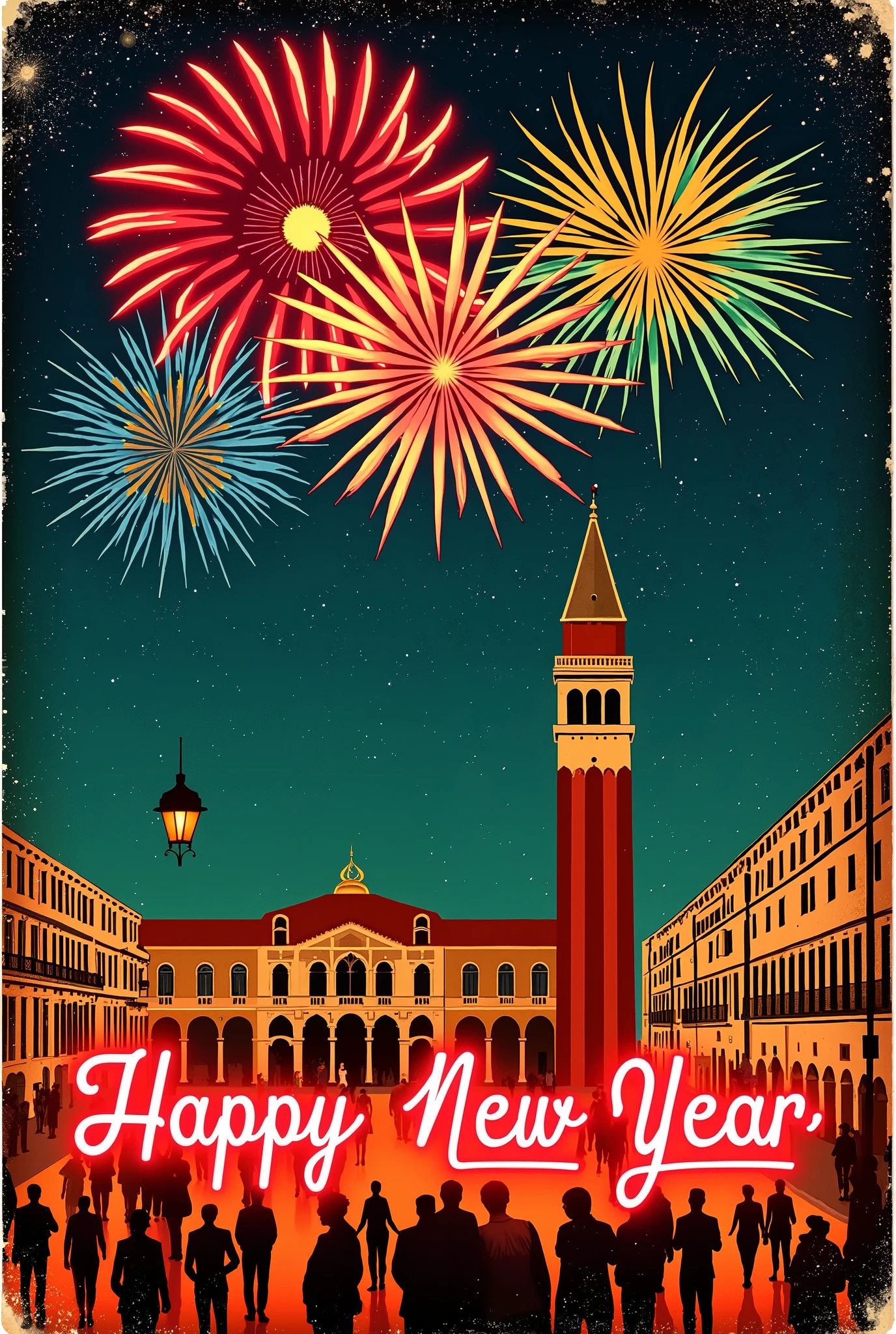 (new year poster:1.3), (vintage style travel poster:1.5), Venice, St. Mark's Square, fireworks in night sky , ("Happy new year" neon sign:1.5), 