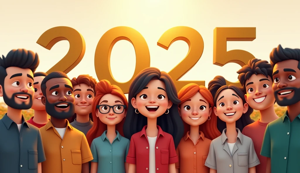 Realistic, work of art, live-action photo 8K quality, theme is "New Year Poster", text gold letters "Happy New Year 2025 Wishing for World Peace", ordinary people looking towards you with smiles, people of different races, religions and professions lined up, with heartfelt wishes.