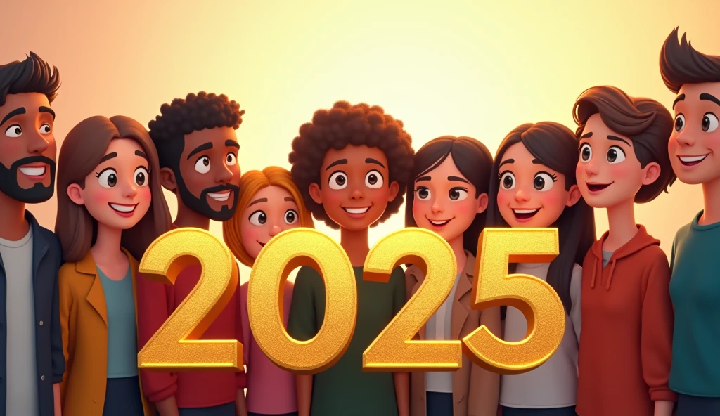 Animation, work of art, 8K quality, theme is "New Year Poster", text golden lettering "Happy New Year 2025 Wishing for World Peace", ordinary people looking towards you with smiles, people of different races, religions and professions lined up, with heartfelt wishes.