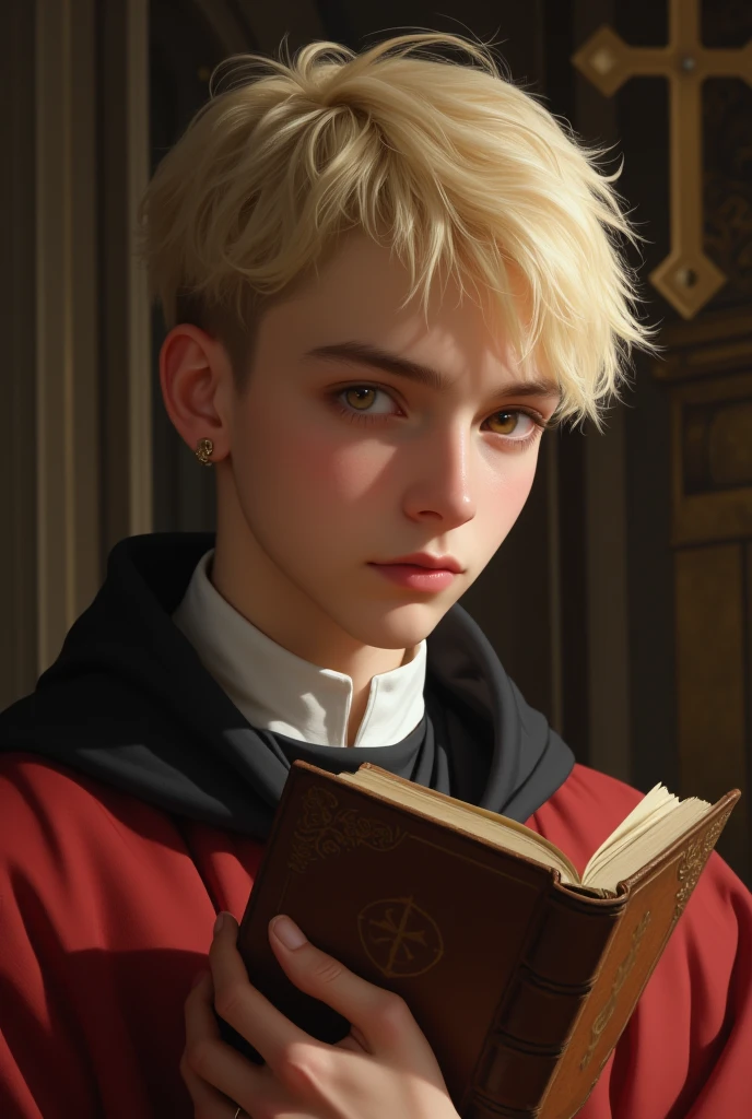 (top quality, 4K, masterpiece :1.3) a cute eighteen beautiful european man, blond man, pale skin, very pale amber eyes, slanted eyes, very short hair, dressed like a priest, holding an ancient book, beautiful detailed eyes, earring, shy look, romantic church landscape, delicate face, blushing face, shy pose, cute and warm lighting, warm angle, detailed background, beautiful detailed eyes, whole body, small