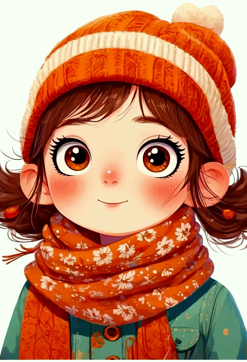  cartoon character design，cute girl ， big eyes，hat，scarf