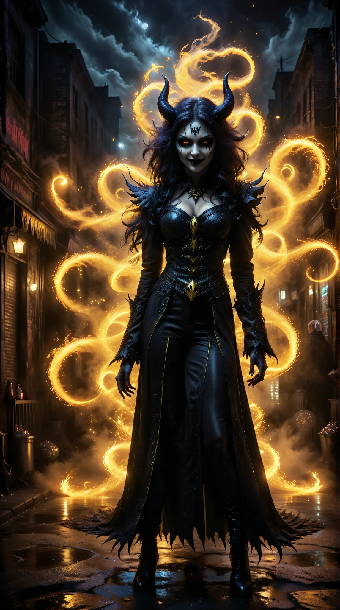  A girl in a dark rockwind costume， Yellow spirit eyes ， Extremely dark demon's eyes ，abyss， Dark style makeup ， high detail，Extremely high quality，32K，Fist with both hands，excited， Evil Smile ，Dark Night Alley ， black magic，