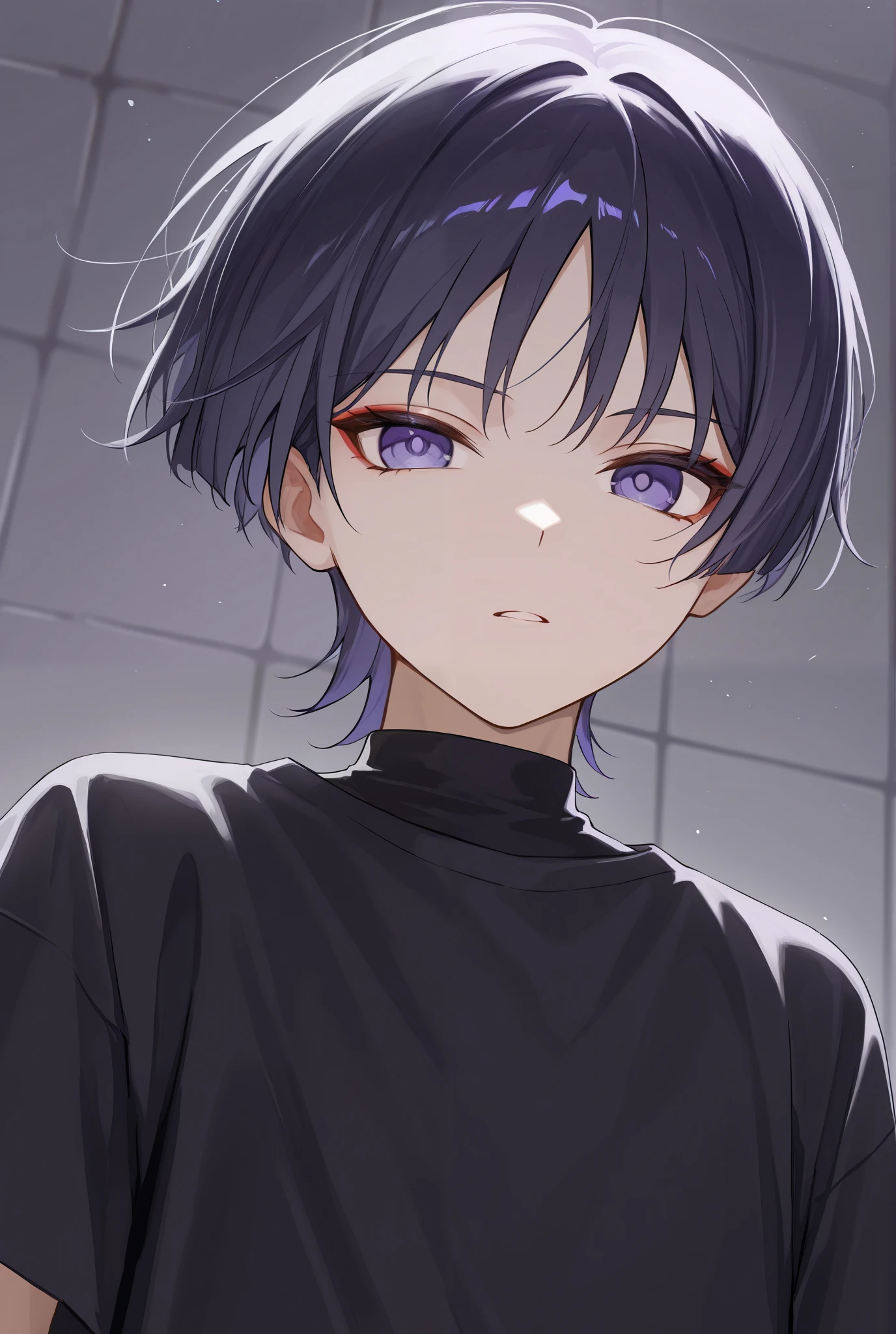 anime boy with black hair and a chain around his neck, boy has short black hair, male anime style, anime moe artstyle, semi realistic anime, anime style character, inspired by Okumura Togyu, detailed anime soft face, in an anime style, ( ( deep black eyes ) ), young anime man, black haired yoongi