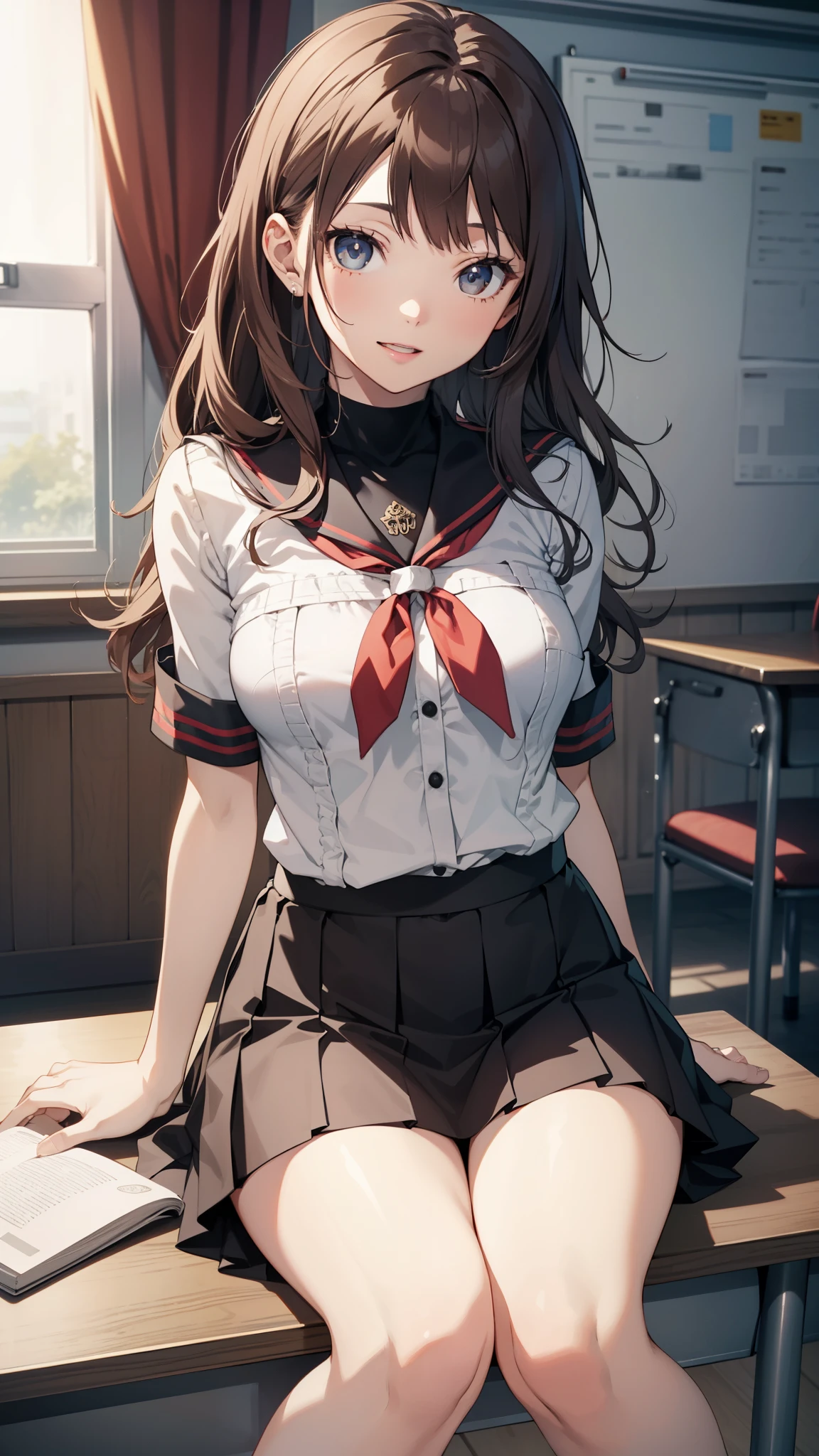 ((masterpiece, top quality, high definition , perfect pixels, 4K, ))), 1 girl, single, Alone, beauty、 I can see my whole body 、 ((Clean yourself up,uniform, low-rise super mini skirt )), (( beautiful eyelashes , Real Eyes )), (( detailed face , Book Blank :1.2)), (( Smooth Texture :0.75, realistic texture :0.65, realistic:1.1, anime CG style)),, ダイナミックangle, perfect body , (( )), Empty classroom、 Sitting at a desk 、 evening 、 Happy smile:1.8、( Flip the skirt with your right hand 、 feet 、Spread your knees)、 angle ,Red face:1.8, Slightly Open Mouth , sexy lips,nsfw, pussy juice :1.8, ダイナミックangle