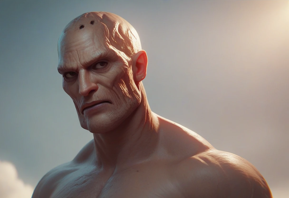 Close up of a man with a bald head and green eyes, muscular character, bald head and menacing look, muscular bald man, musculous,Frightening, extreme detailed face and body, Mortal Kombat Goro, manly monster tough guy, middle aged balding superhero, Intimidating man, bald orc mechanic, heavy looking, muscular male hero, Light yellow painting