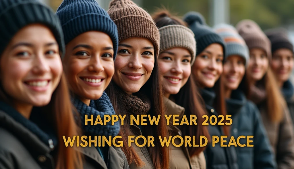 Realistic, work of art, live-action photo 8K quality, theme is "New Year Poster", text gold letters "Happy New Year 2025 Wishing for World Peace", ordinary people looking towards you with smiles, people of different races, religions and professions lined up, with heartfelt wishes.