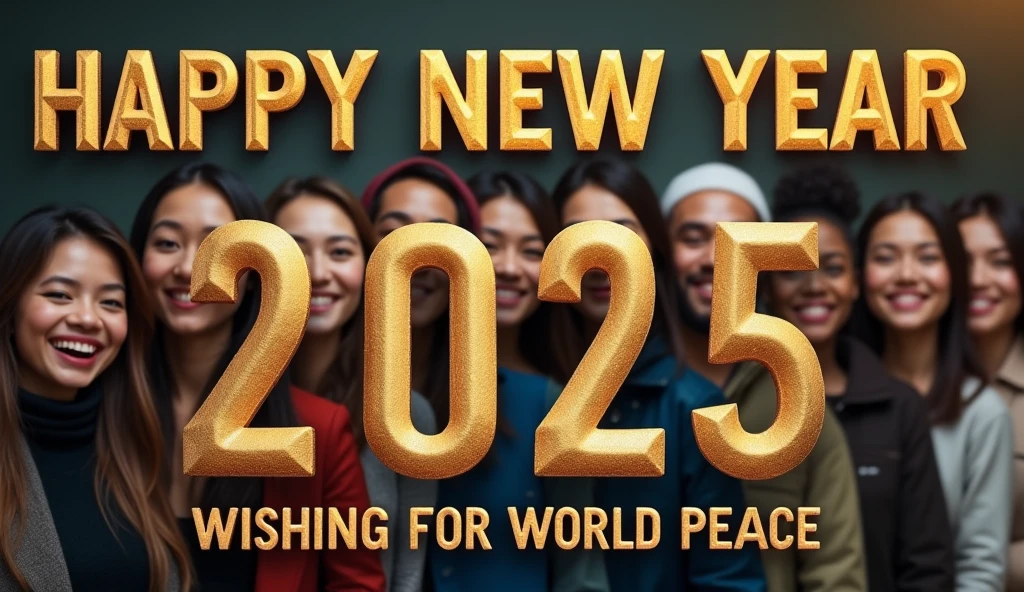 Realistic, work of art, live-action photo 8K quality, theme is "New Year Poster", text gold letters "Happy New Year 2025 Wishing for World Peace", ordinary people looking towards you with smiles, people of different races, religions and professions lined up, with heartfelt wishes.