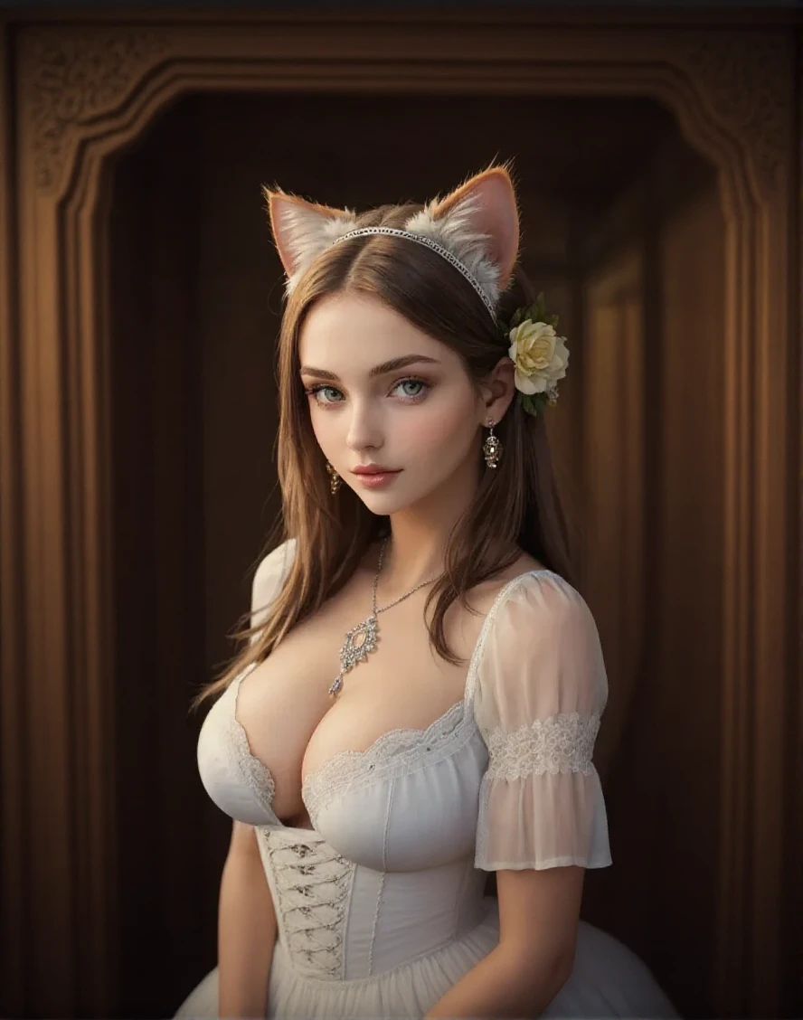 girl with cat ears, chica sexy, posing at full height , big breasts, 25 year old girls, divine face, beauty faces, High detail, lip beauty, photorealistic, ultra realistic, below, RTX activated, color correction, perspective, depth of field, line of sight, Tonal colors, 8k, full hd, perfectionism, edge lighting, light, Soft lighting, accent lighting, Diffraction evaluation, attractive woman , Super detailed, (( Beautiful detailed yellow cat eyes with a slit... )) , ( curly brown hair ) , long straight hair, Braid hairstyle, ( Medieval dress with corset...), (((position facing anteriorly with the buttocks facing the viewer))), (((huge breasts, neckline))).