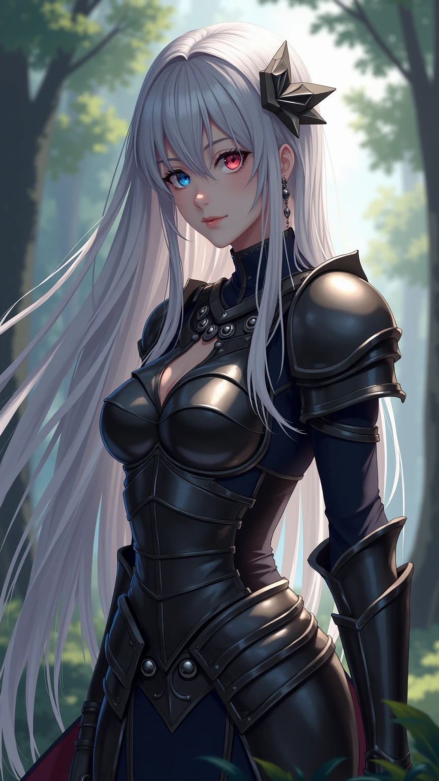 A mystical warrior woman with silver hair, green eyes, and black leather armor, one hand holds a glowing orb and the other a glistening silver sword, displaying dark demon wings