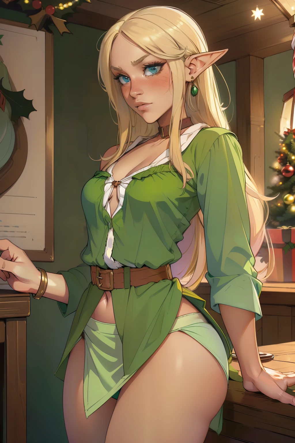 (masterpiece, finely detailed beautiful eyes: 1.2), masterpiece*portrait, realistic, 1 girl, ((solo)), blue eyes, ((long unkempt blonde hair)), ((christmas elf)), ((christmas clothing)), tavern, ((standing near table)), view from in front of her, looking at viewer, (small breasts), Male POV, ((blushing)), ((slave collar)), SFW, ((earcuffs)), ((short)), ((lifting her skirt to flash her panties at the viewer)), ((green clothing)), ((green button-up shirt)), ((short cloth skirt)), ((white cotton panties)), (slim)