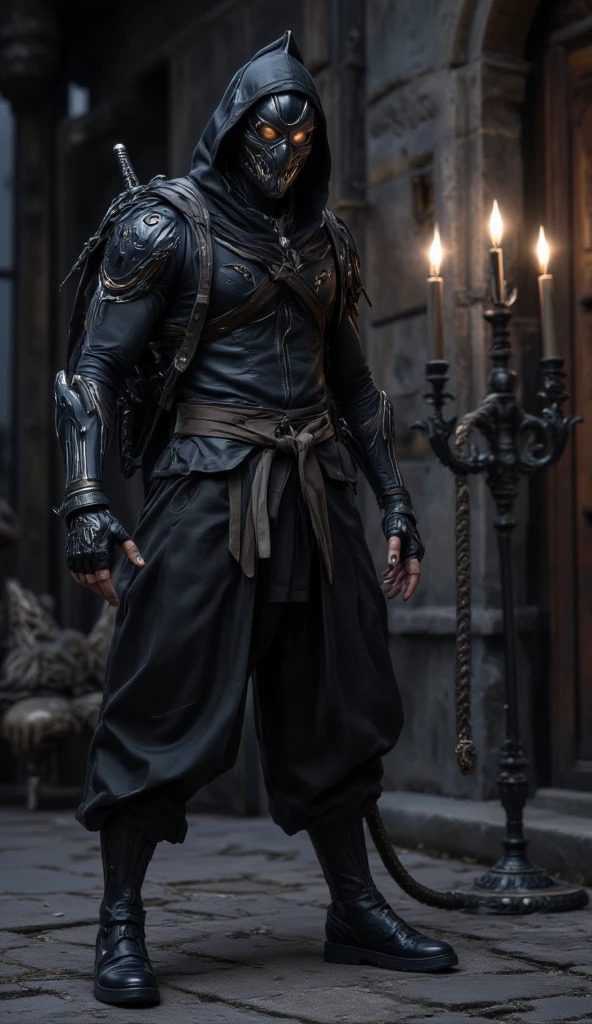  Boy Ninja Thief Assassin Assassin Shadow Walker (About 18 years old ) Hooded Faceless Mask Leather Bodysuit Leather Boots Leather Gloves Small Backpack Hiding Outside Castle Window Dark Sky Black Luminous Black Night Hand Rope Weak Candle Hooks Full Body Image
