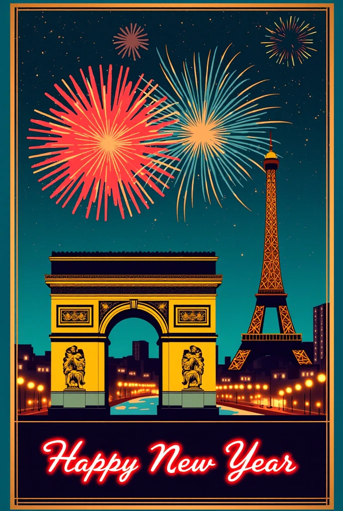 (new year poster:1.3), (vintage style travel poster:1.5), Paris, Arc de Triomphe and Eiffel Tower, fireworks in night sky , ("Happy new year" neon sign:1.5), 