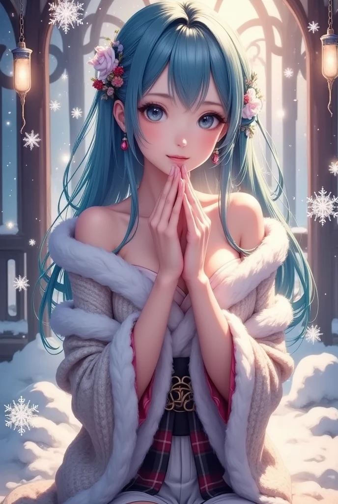 (Happy new year poster:1.3), beautiful young  female in a winter wonderland, snowfall, sparkling lights, new year's celebration, champagne, fireworks, intricate snowflakes, shimmering ornaments, cozy knit sweater, warm and joyful atmosphere