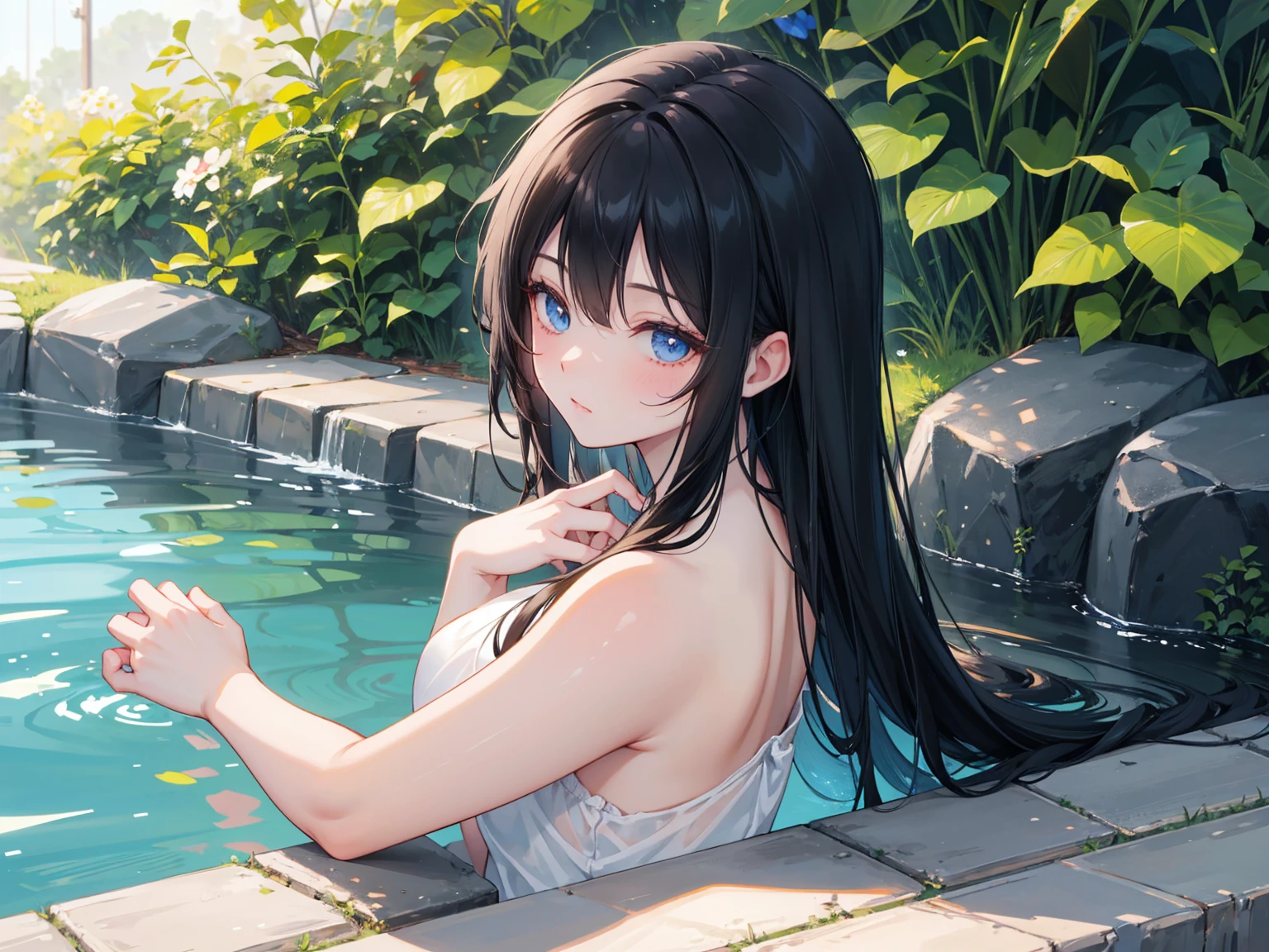 (Biologically correct limb count)、Full body, including face、4K、masterpiece、Focus on the face、Well-proportioned facial features、Delicate descriptive eyes、One beautiful woman、Excellent style、(head band、Gothicta、Blue clothes、High heels)、(Close-up photo of the upper body)、look up、Looking into the camera、Floating on the surface of the water facing upwards、Lie、lie down
