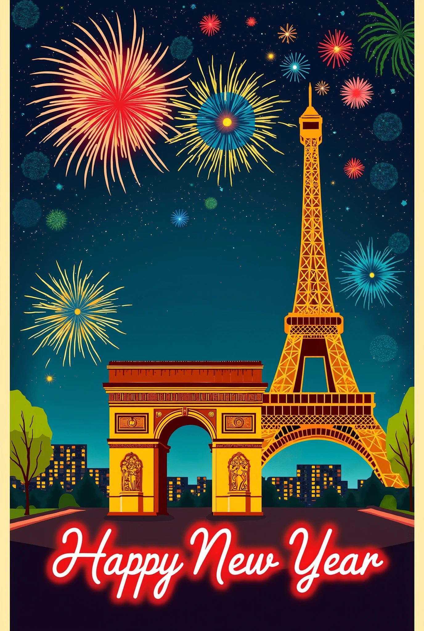 (new year poster:1.3), (vintage style travel poster:1.5), Paris, Arc de Triomphe and Eiffel Tower, fireworks in night sky , ("Happy new year" neon sign:1.5), 