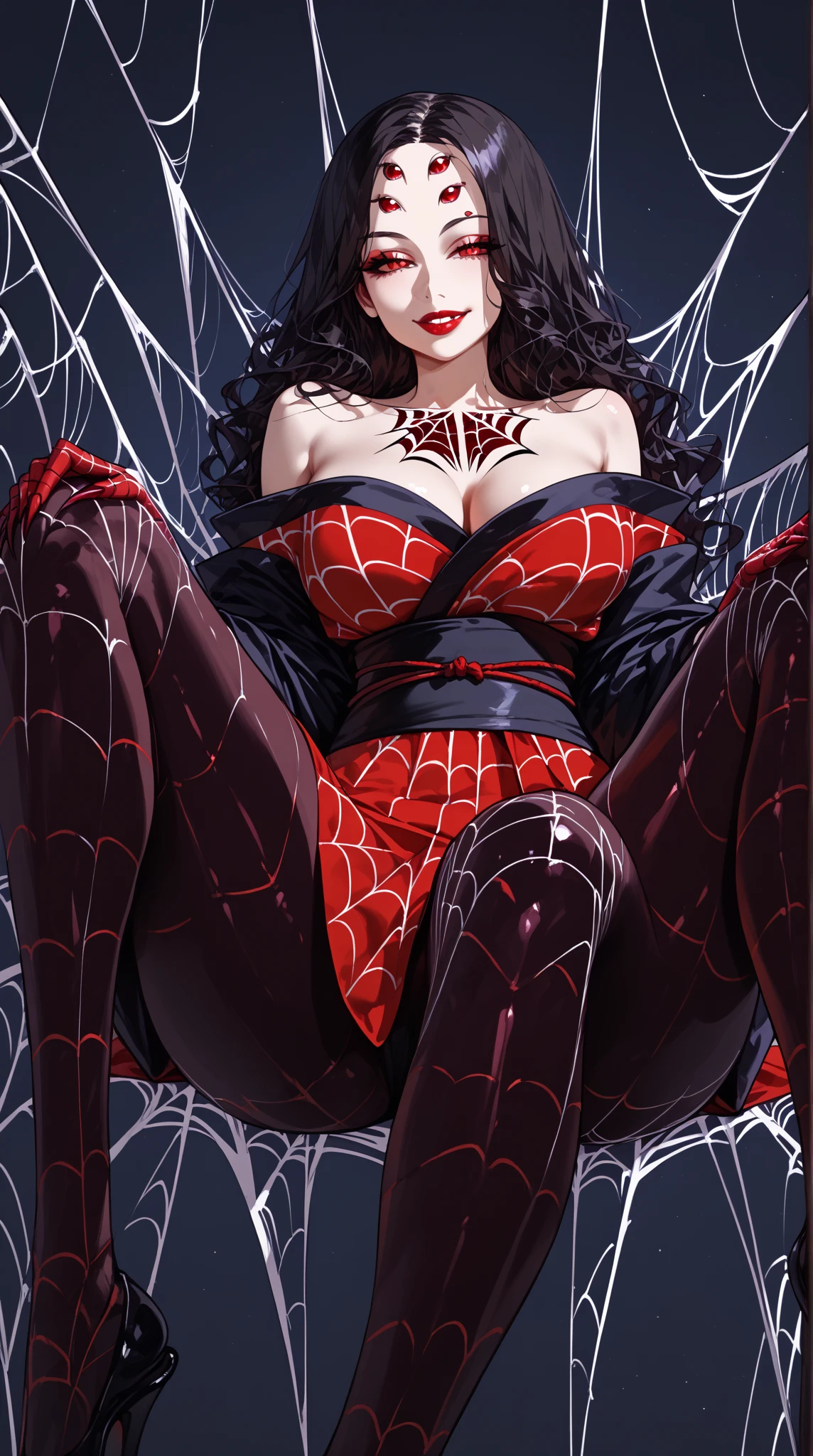 1girl,a beautiful fashion model ,(masterpiece, detailed background, best quality),shortand shiny hair, black hair,smirk, juicy lips, red lips, lingerie, stripping, elegant makeup, exhibitionism, torn spiderman outfit, extravagant makeup, slender body