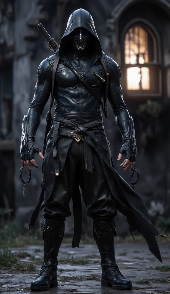  Boy Ninja Thief Assassin Assassin Shadow Walker (About 18 years old ) Hooded Faceless Mask Leather Bodysuit Leather Boots Leather Gloves Small Backpack Hiding Outside Castle Window Dark Sky Black Luminous Black Night Hand Rope Weak Candle Hooks Full Body Image
