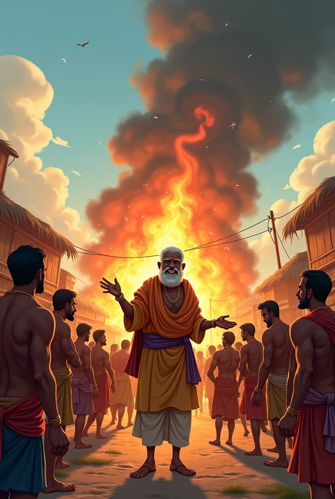 anime, circus setting, Dutch angle shot fire eater 60 year old Indian skinny man turban on head wearing sandals, crowd watching
