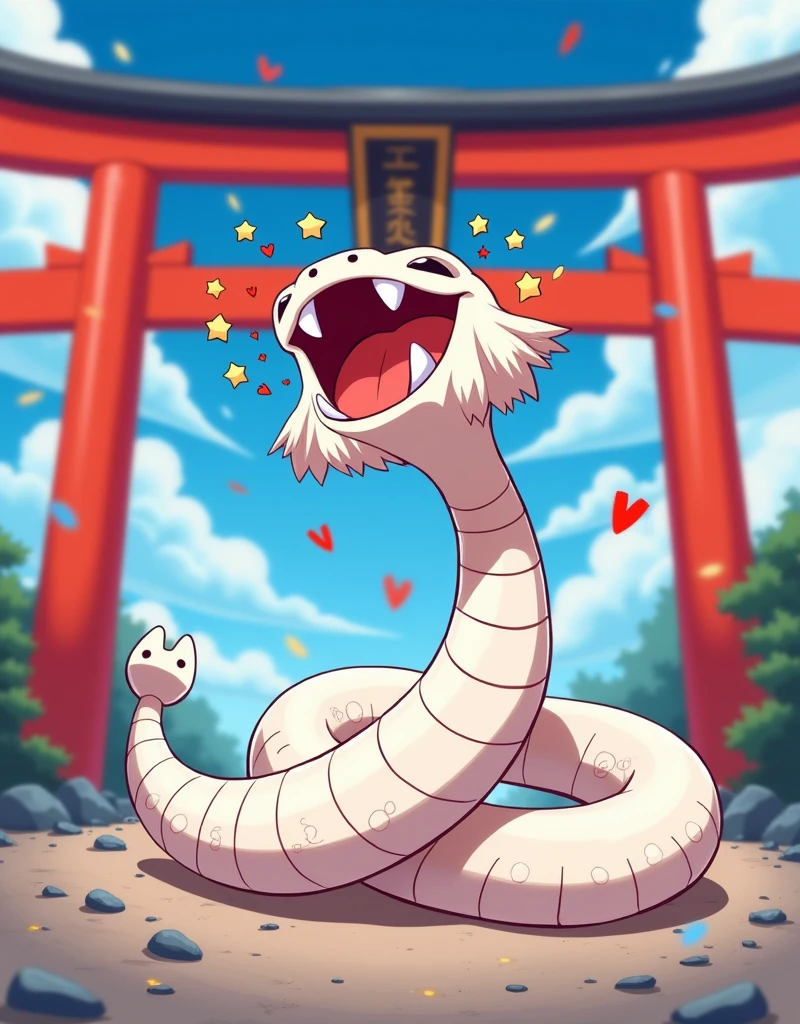 Anime, work of art, 8K quality, theme is "New Year Poster", white snake is laughing, text "Happy New Year 2025 wishing everyone happiness", blurred blue sky and red torii gate in the background, carefully drawn text letters.