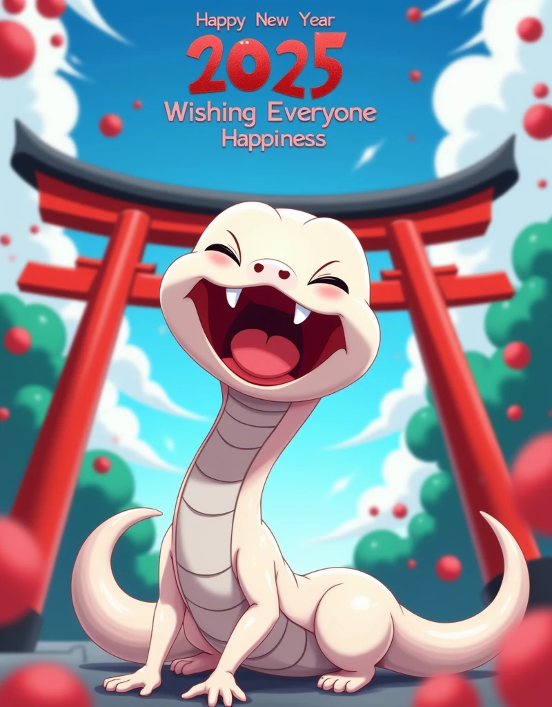 Anime, work of art, 8K quality, theme is "New Year Poster", white snake is laughing, text "Happy New Year 2025 wishing everyone happiness", blurred blue sky and red torii gate in the background, carefully drawn text letters.