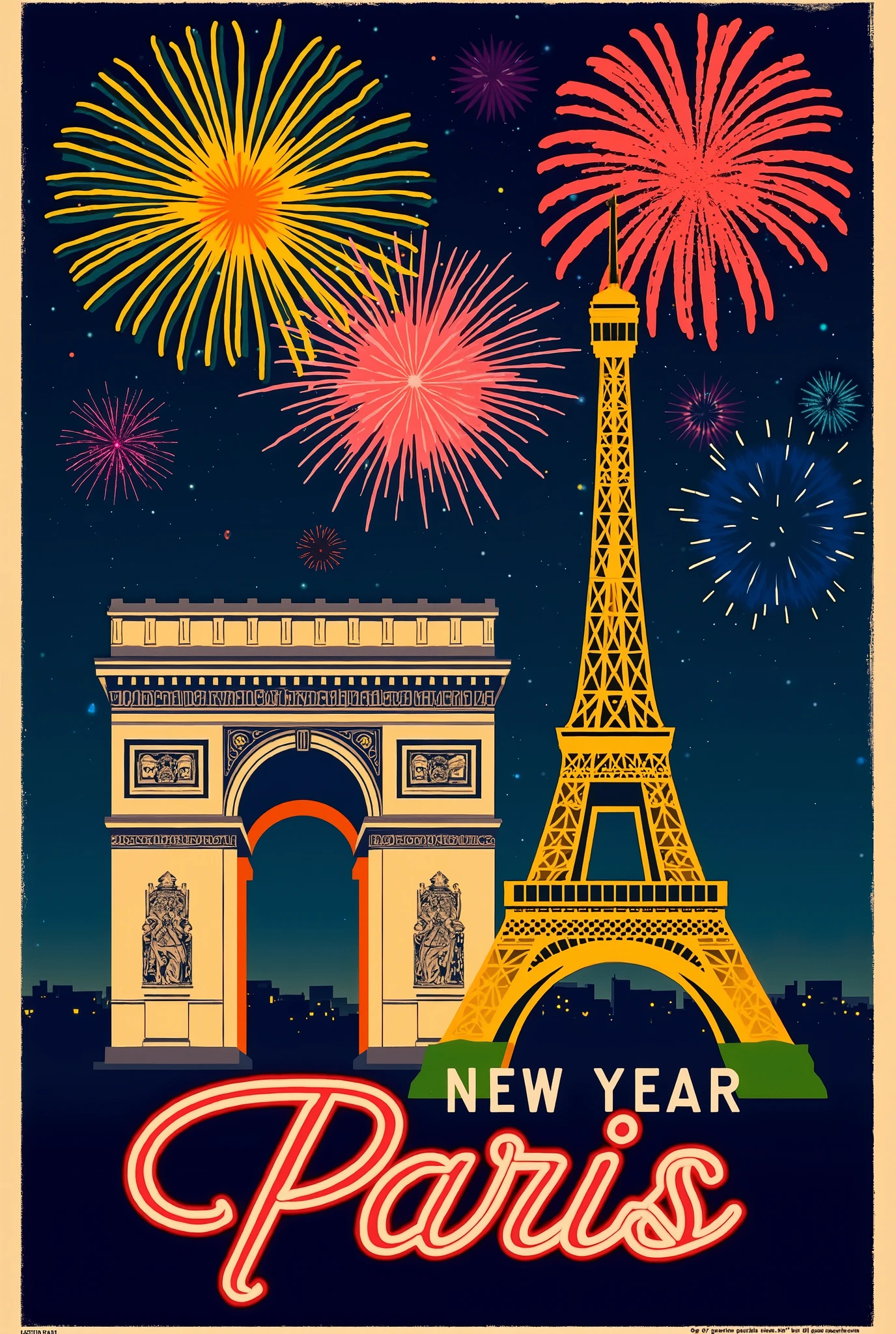 (new year poster:1.3), (vintage style travel poster:1.5), Paris, Arc de Triomphe and Eiffel Tower, fireworks in night sky , ("Happy new year" neon sign:1.5), 