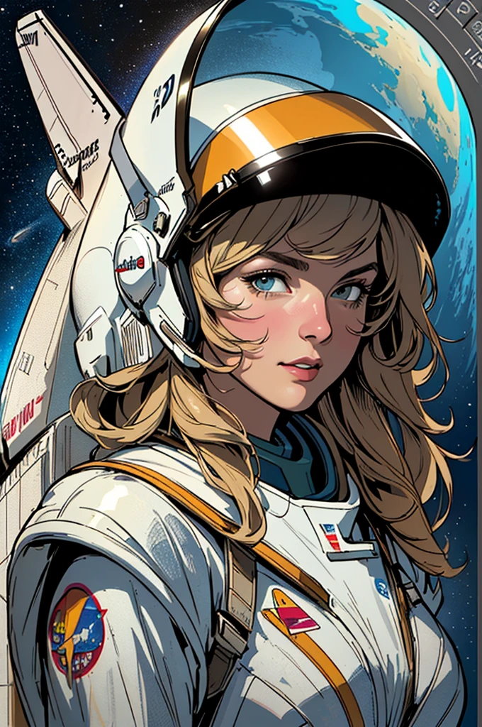 (((Top Quality Masterpiece ))),(((solo:1.2))),((( 1 woman :1.2))), 32K Highly Detailed Wallpaper , Retro Vintage Style ,(dynamic Angles),((( overwhelming highlights))),((most complex machine)),American Comics Touch , 80s space thriller movie poster,(((Detailed and perfect woman ))),((( bust up))),(((full face helmet space shuttle satellite)))