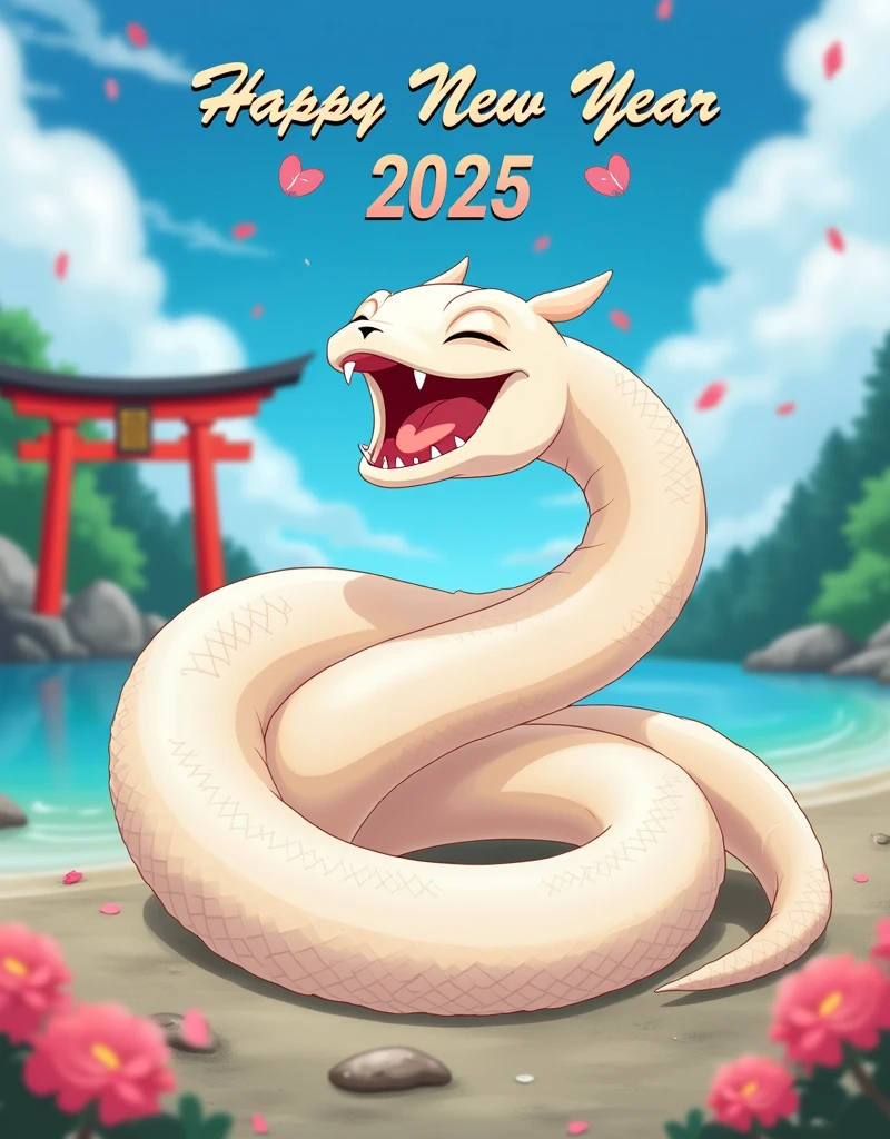 Anime, work of art, 8K quality, theme is "New Year Poster", white snake is laughing, text "Happy New Year 2025 wishing everyone happiness", blurred blue sky and red torii gate in the background, carefully drawn text letters.