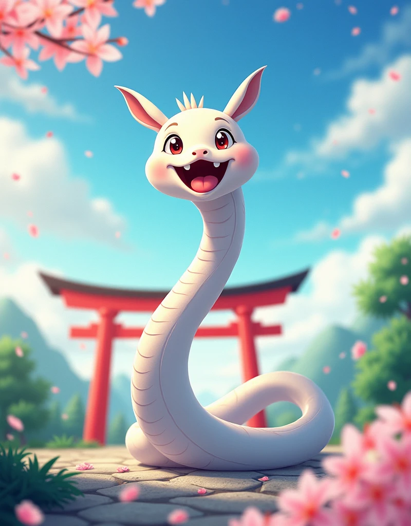 Anime, work of art, 8K quality, theme is "New Year Poster", white snake is laughing, text "Happy New Year 2025 wishing everyone happiness", blurred blue sky and red torii gate in the background, carefully drawn text letters.