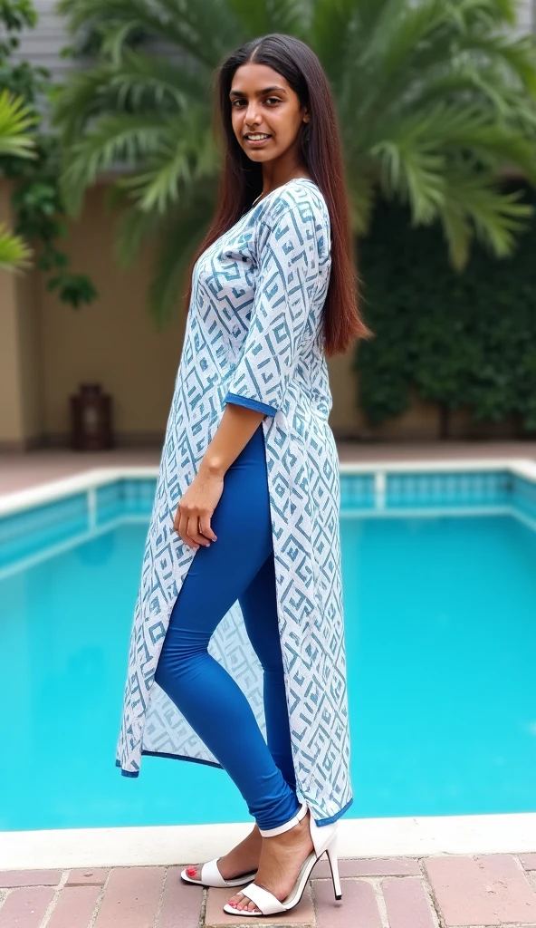 Full body portrait, professional photography, realistic contrasts, 1 lady, beautiful face with big shiny eyes, make-up with long eyelashes and pink blusher on cheeks, ((thick lips)), ((white hijab)), wearing light blue button shirt, skinny tight jeans, standing at garden, (big breasts 1.4), slim waist and wide hips, very tight clothes