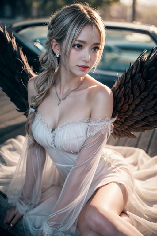 ((A serene summer scene with an ultra-high-definition, realistic angel flying gracefully in the sky)), The angel is facing towards the camera with lifelike facial features and detailed textures, The angel has intricately detailed white wings, fully extended as it soars through the air in an elegant, natural pose, The angel has platinum blonde hair flowing gently in the wind, with realistic light reflections and highlights, emphasizing the sensation of movement, The angel is dressed in a flowing white outfit, adding a sense of purity and grace, The angel holds a silver staff, adding a touch of mystique and power, The theme color of the scene is blue, reflected in the angel's attire, the sky, and the overall color palette The background features a clear summer sky with a soft, highly detailed rainbow arching across it, enhancing the feeling of wonder and beauty, ((The scene takes place in a celestial world, with floating islands and ethereal clouds, adding a magical and otherworldly atmosphere Soft, white clouds accompany the rainbow, adding depth to the sky)), Below, a green land and blue ocean are visible from a high angle, with realistic lighting and shadows, The landscape features gently rolling hills and a distant, vividly detailed sea, as seen from a high vantage point in this sky-bound world, The image is captured in a vertical 9:16 aspect ratio, emphasizing ultra-realistic textures, depth, and the dynamic nature of flight in a heavenly realm,"full-body shot","elegant attire"