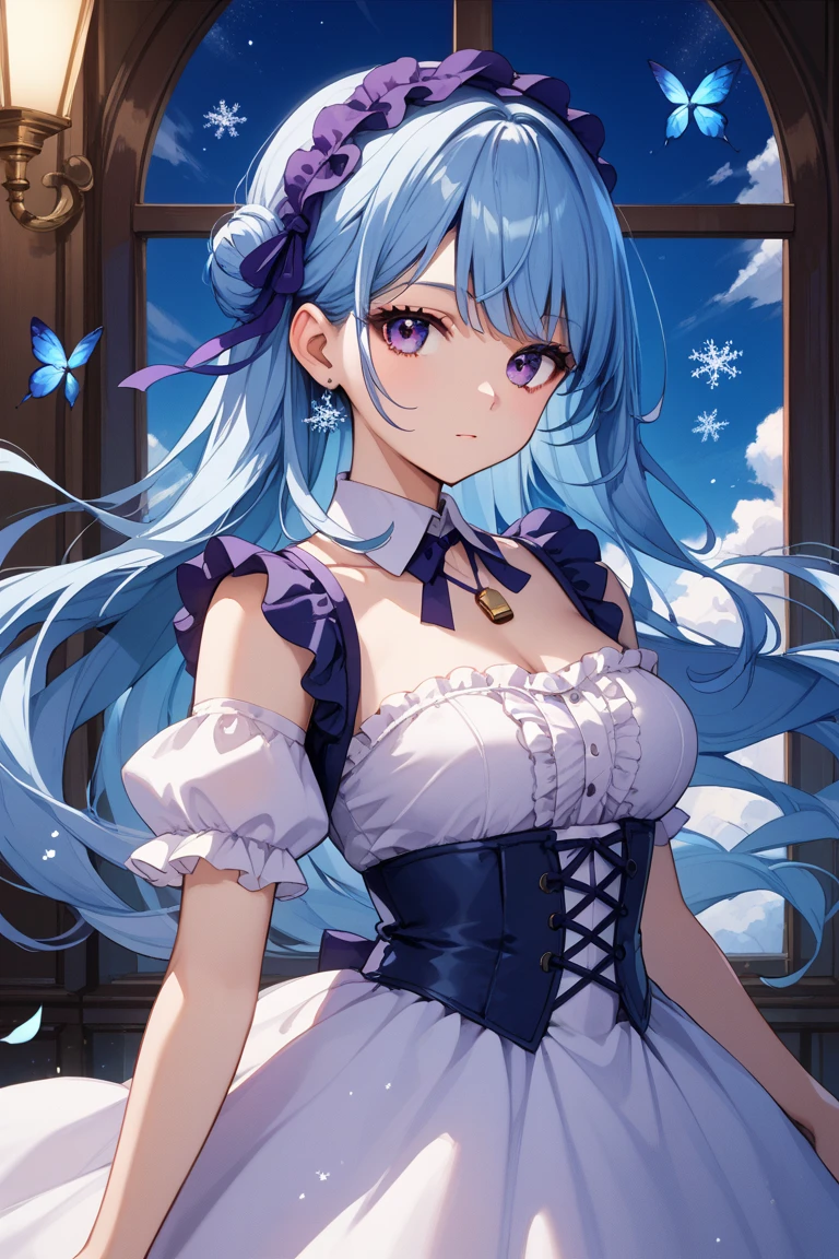 1girl,score_9, score_8_up, score_7_up,source_anime,Light blue hair, long hair、 Purple and White Dress ,（ purple eyes:1.2)、valley、Lolita style clothes , miniskirt, center from whistle to tip２Blue hair in the book 、Snowflakes are floating 、upper body　 are expressionless