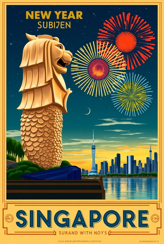 (new year poster:1.3), (vintage style travel poster:1.5), Singapore, Merlion, fireworks in night sky , ("Happy new year" neon sign:1.5), 