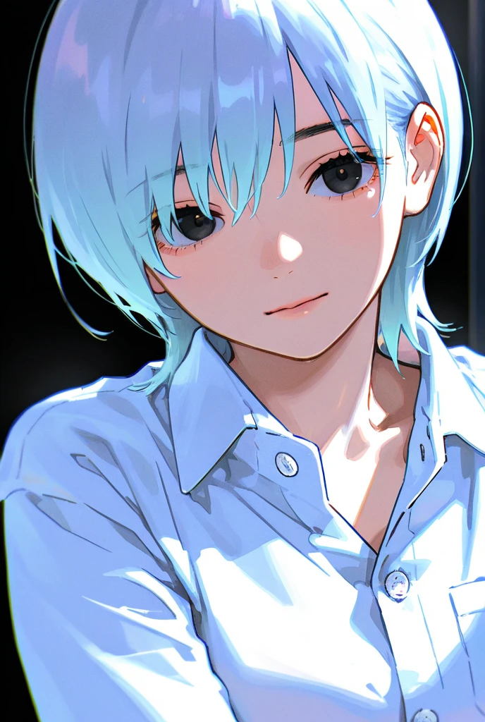  1 person, Gentle colors,  light blue shortcut,buttoned shirt,Black Eyes