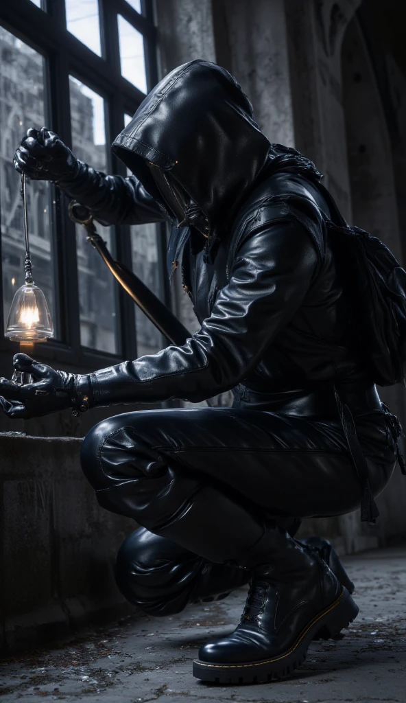  Boy Ninja Thief Assassin Assassin Shadow Walker (About 18 years old ) Hooded Faceless Mask Leather Bodysuit Leather Boots Leather Gloves Small Backpack Hiding Outside Castle Window Dark Sky Black Luminous Black Night Hand Rope Weak Candle Hooks Full Body Image
