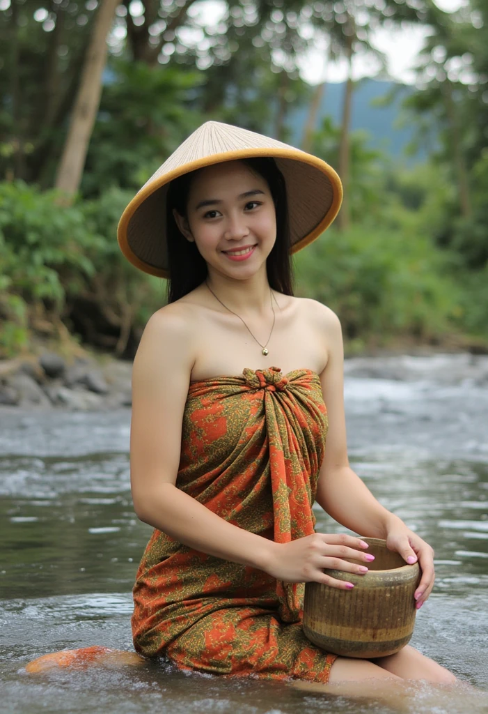 (masterpiece, best quality:1.2), 1girl, solo, sarong_dress, ((2)), Photo of Pretty Indonesian woman, ponytail, river, sitting, wearing hat, holding the container, Breasts, Breasts, 