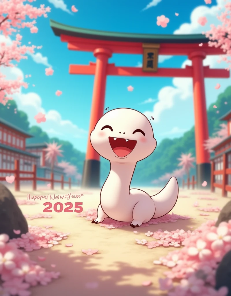 Anime, work of art, 8K quality, theme is "New Year Poster", white snake is laughing, text "Happy New Year 2025 wishing everyone happiness", blurred blue sky and red torii gate in the background, carefully drawn text letters.