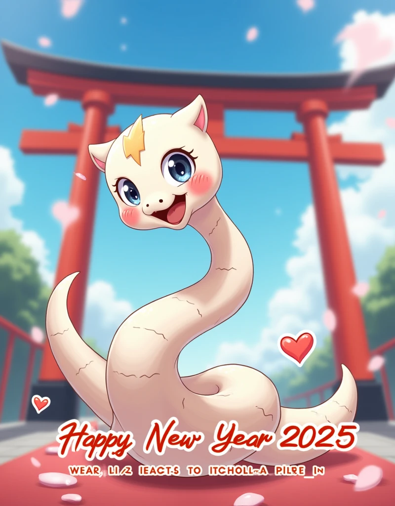 Anime, work of art, 8K quality, theme is "New Year Poster", white snake is laughing, text "Happy New Year 2025 wishing everyone happiness", blurred blue sky and red torii gate in the background, carefully drawn text letters.