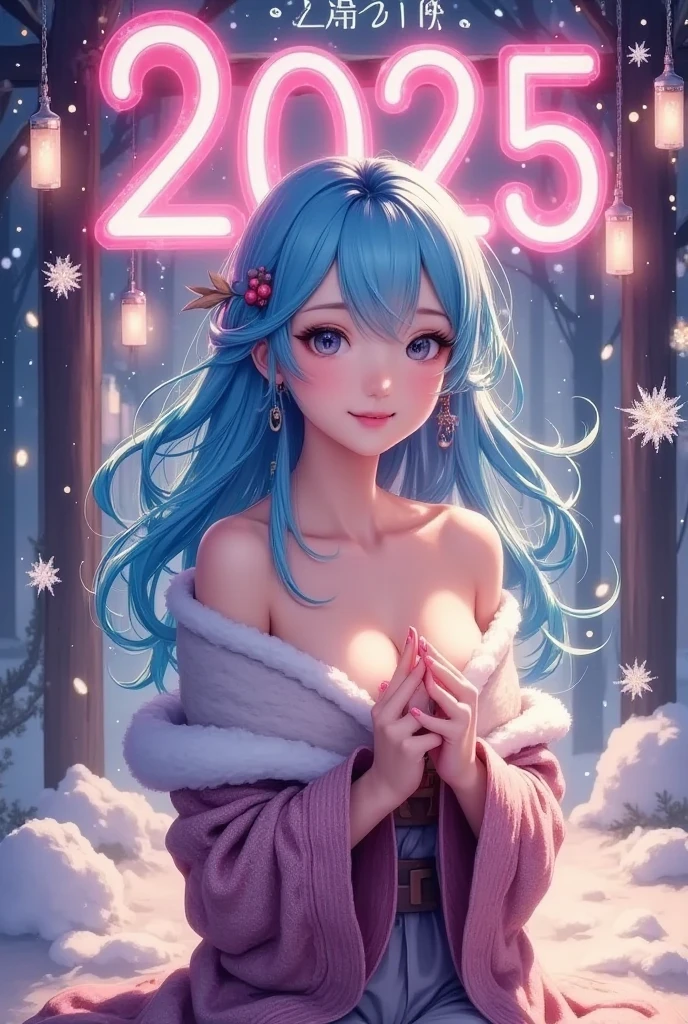 (Happy new year poster:1.3), ("Happy new year" "2025" neon sign:1.5), beautiful young female in a winter wonderland, snowfall, sparkling lights, new year's celebration, champagne, fireworks, intricate snowflakes, shimmering ornaments, cozy knit sweater, warm and joyful atmosphere