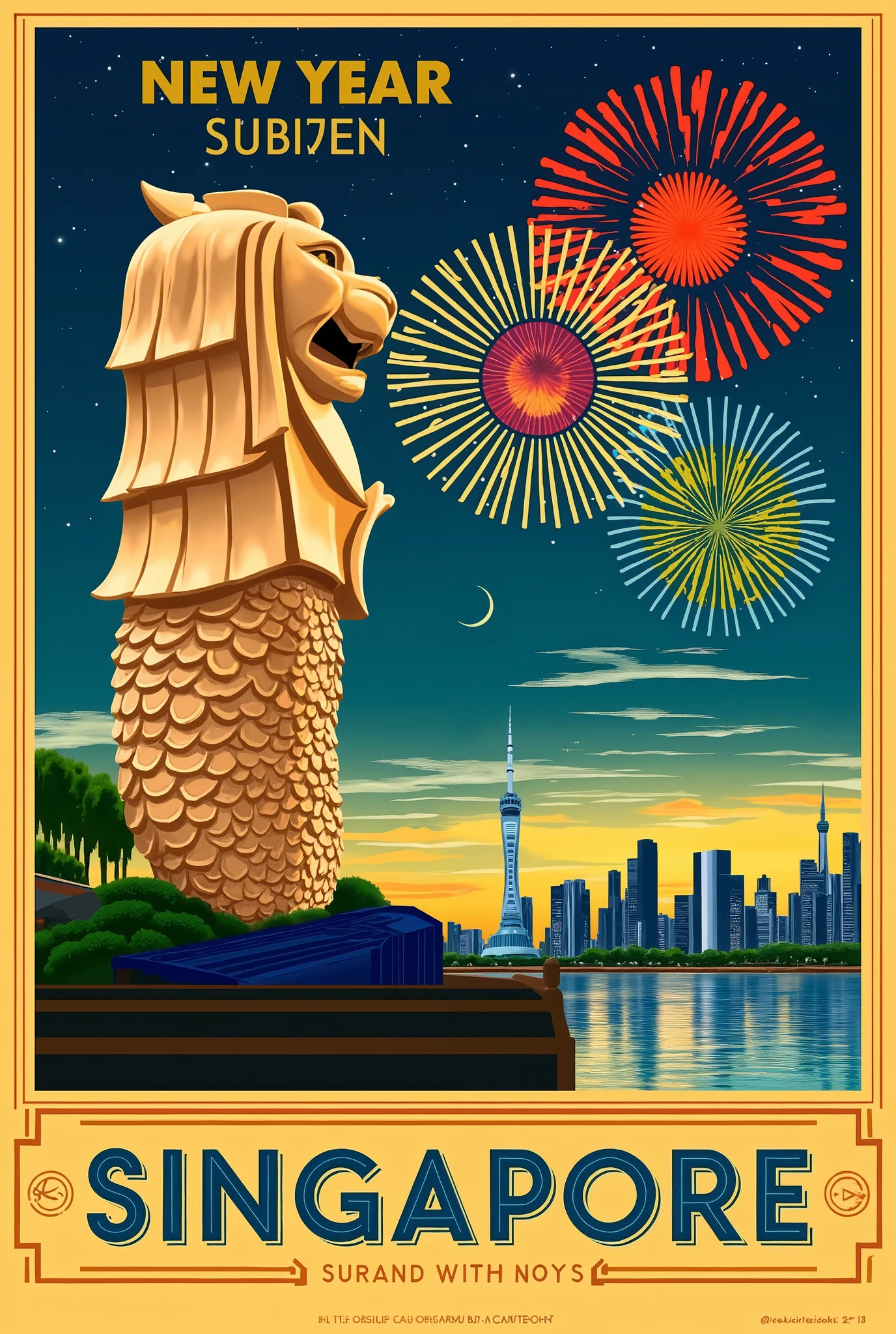 (new year poster:1.3), (vintage style travel poster:1.5), Singapore, Merlion, fireworks in night sky , ("Happy new year" neon sign:1.5), 