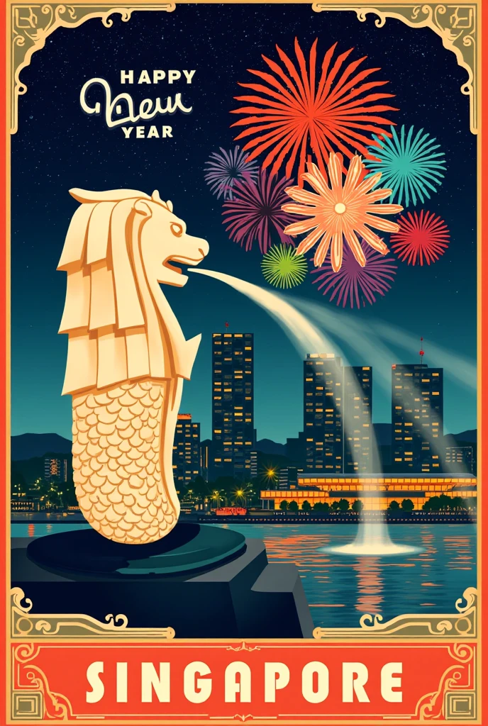 (new year poster:1.3), (vintage style travel poster:1.5), Singapore, Merlion, fireworks in night sky , ("Happy new year" neon sign:1.5), 