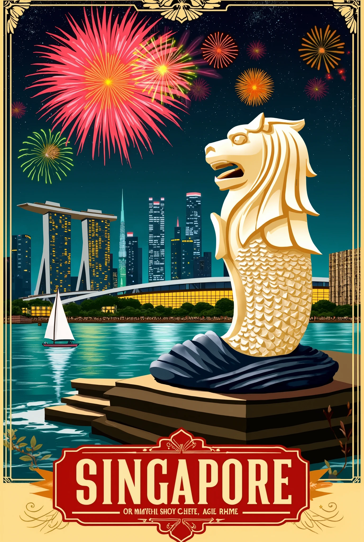 (new year poster:1.3), (vintage style travel poster:1.5), Singapore, Merlion, fireworks in night sky , ("Happy new year" neon sign:1.5), 