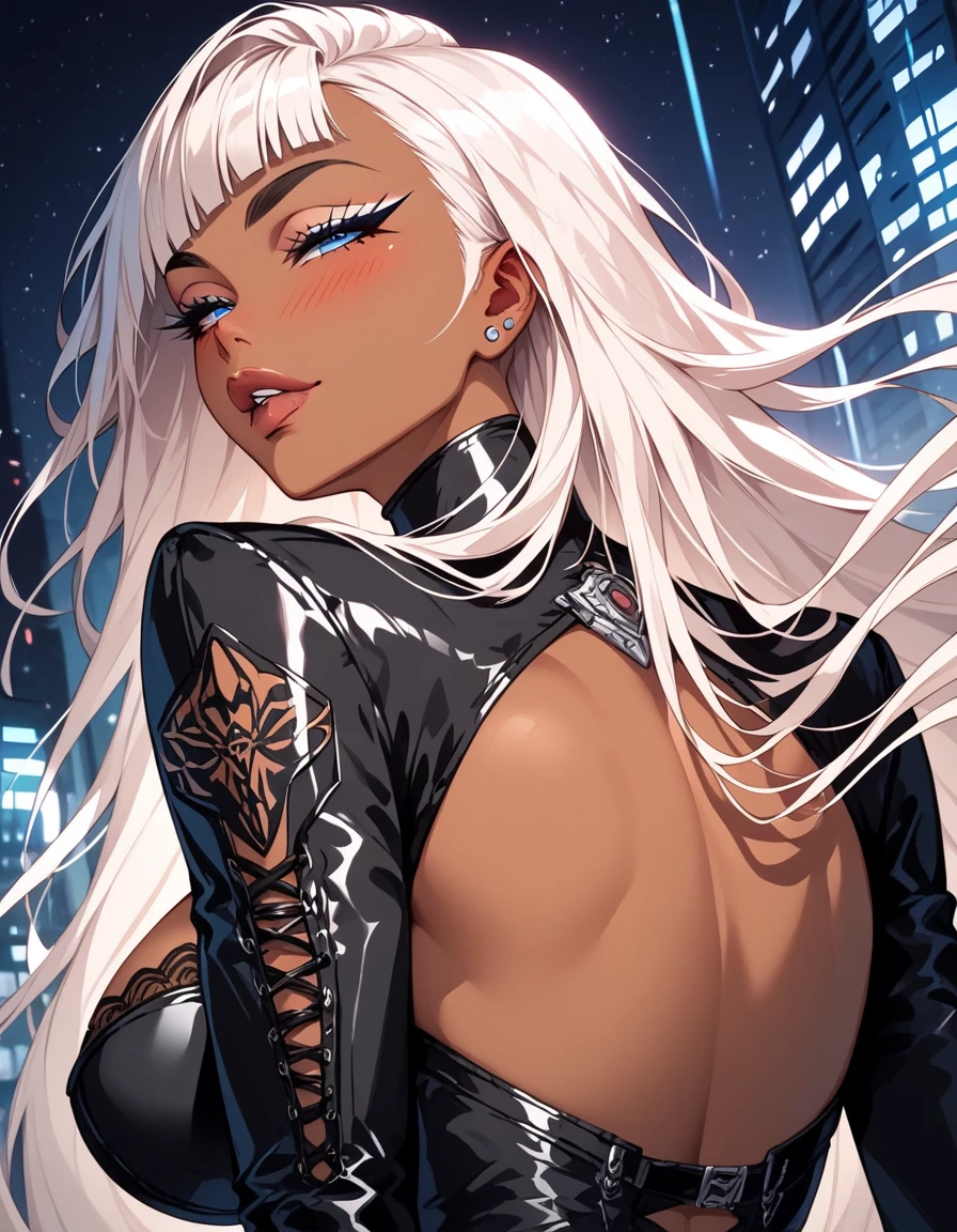 highres, sharp focus, pixiv masterpiece, ((intricate details)), best quality, ultra-detailed, beautiful cyber girl, seductive face, blush face, bitting lip, brown skin, long fringe platinum hair, detailed blue eyes, slanted eyes, big eyelashes, back eyeshadows, wide black eyebrows, big breasts, thin waist, big hips, thick figure, bellybutton piercing, open sci-fi sexy outfit, black sleeves, black long future stockings, black boots, pubic hair, on a future building, posing
