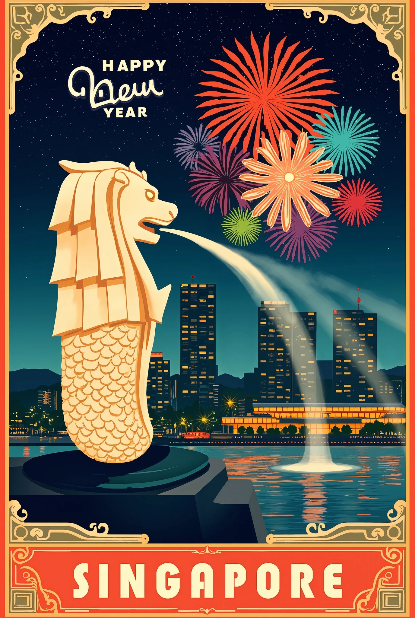 (new year poster:1.3), (vintage style travel poster:1.5), Singapore, Merlion, fireworks in night sky , ("Happy new year" neon sign:1.5), 