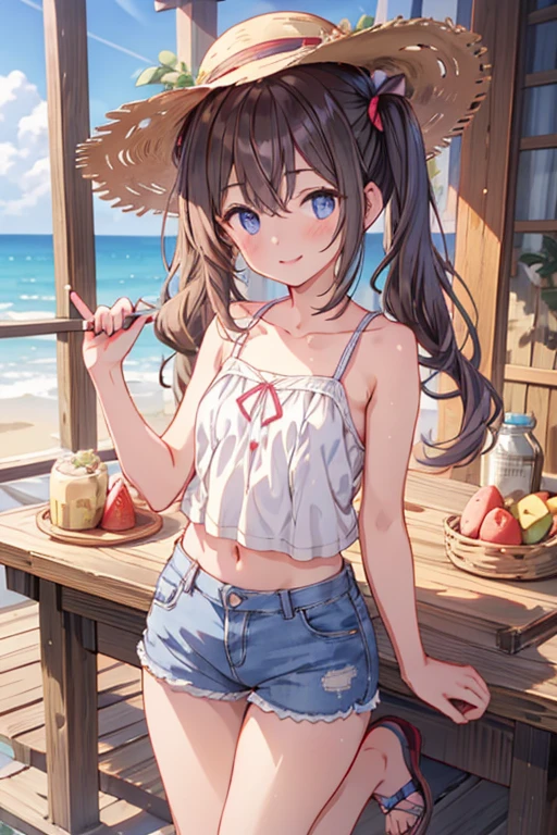 girl,(masterpiece,Highest quality),Street、bangs、(Completely naked),Bare shoulders、黒いhat、Brown eyes、Brown Hair、smile、passionate、hat、Swimwear,long hair、(Underboob),Micro Camisole、looking at the camera、shoeicro Mini Denim Shorts,solo、Are standing、barefoot,Swimwear