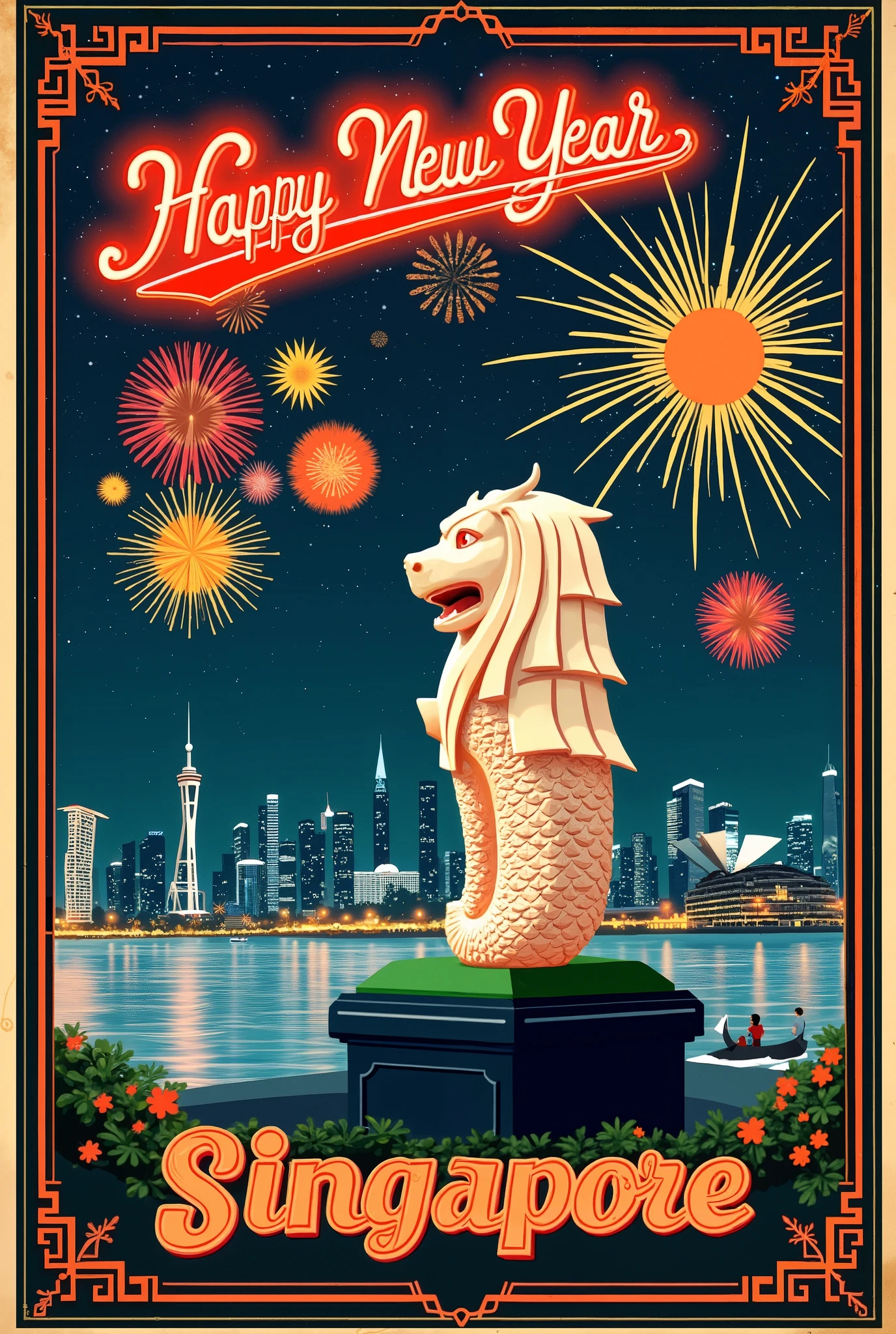 (new year poster:1.3), (vintage style travel poster:1.5), Singapore, Merlion, fireworks in night sky , ("Happy new year" neon sign:1.5), 