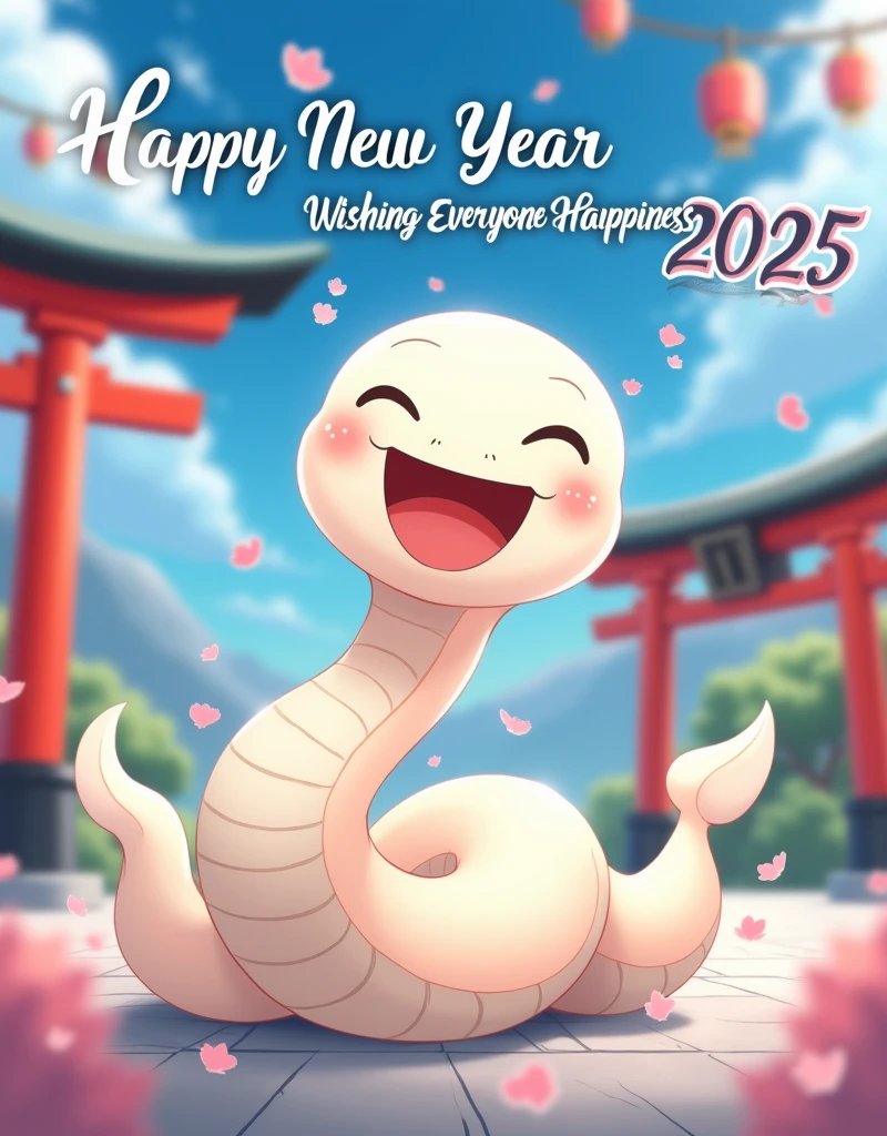 Anime, work of art, 8K quality, theme is "New Year Poster", white snake is laughing, text "Happy New Year 2025 wishing everyone happiness", blurred blue sky and red torii gate in the background, carefully drawn text letters.